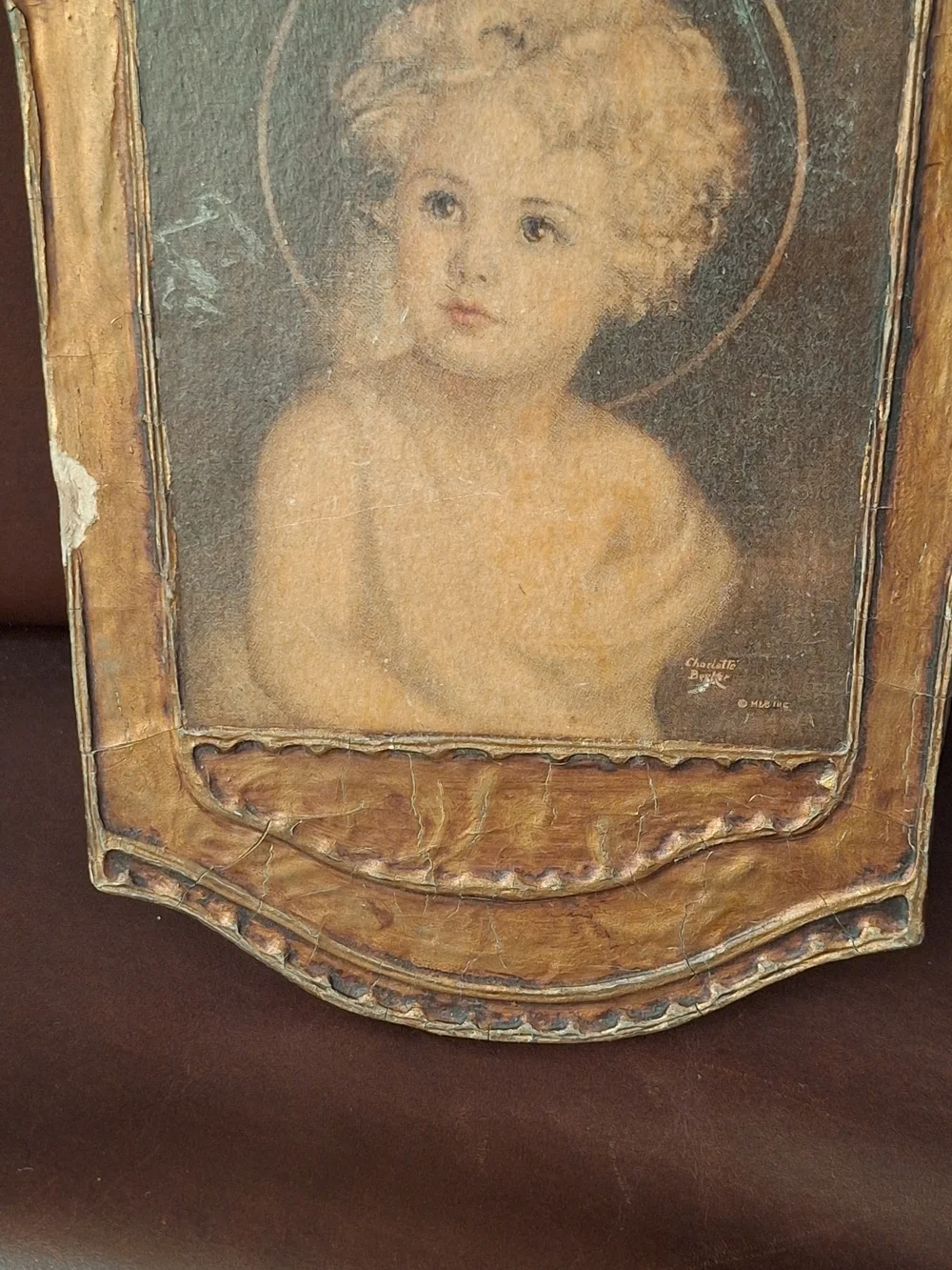 Charlotte Becker Peace On Earth Gold and Brown Cherub Portrait Plaque